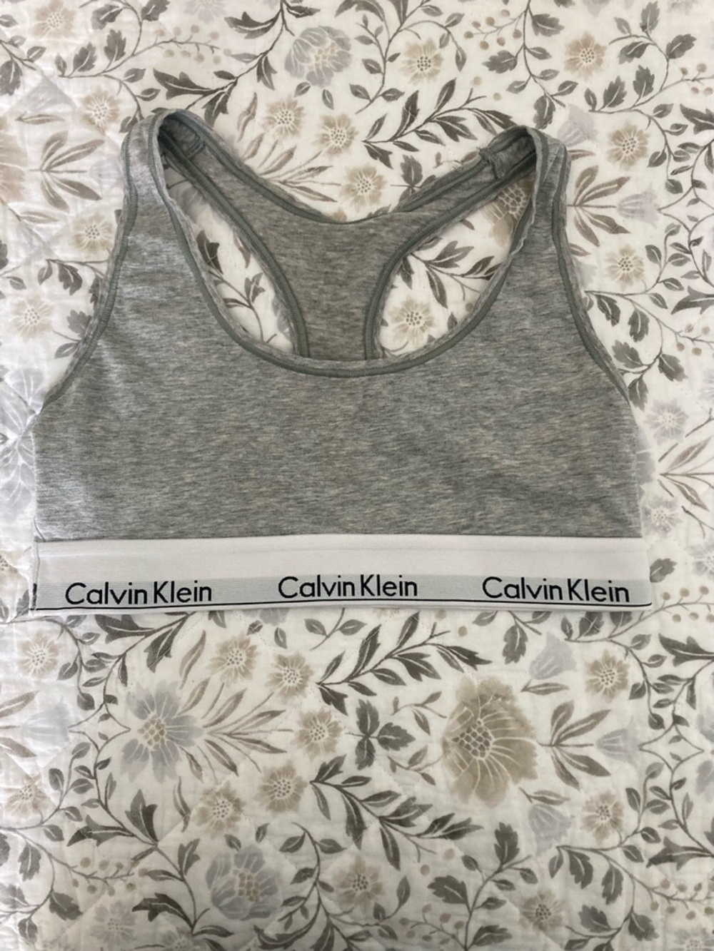Calvin Klein Grey Logo Racerback Sports Bralette with White Band